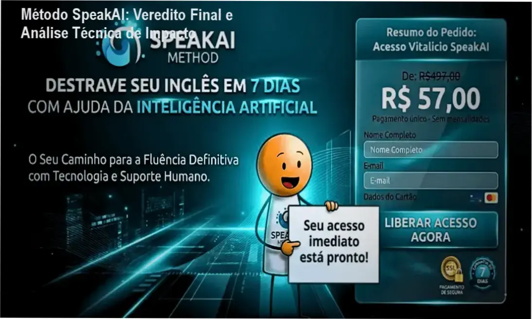 Método SpeakAI: Veredito Final e Análise Técnica de Impacto 2 https://cursoss.com.br/metodo-voar-lauro-junior-analise-tecnica-anac/ Interface do curso Método SpeakAI destacando módulos de conversação e pronúncia facilitada