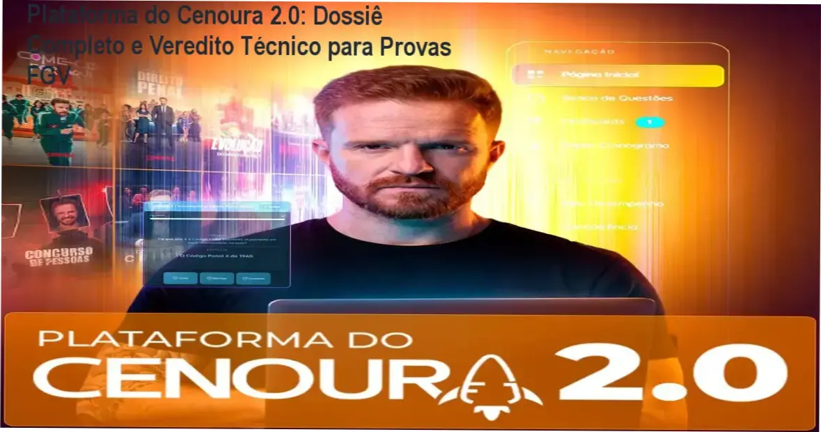 Interface da Plataforma do Cenoura 2.0 exibindo módulos de Direito Penal, banco de questões comentadas e flashcards para revisão ativa
