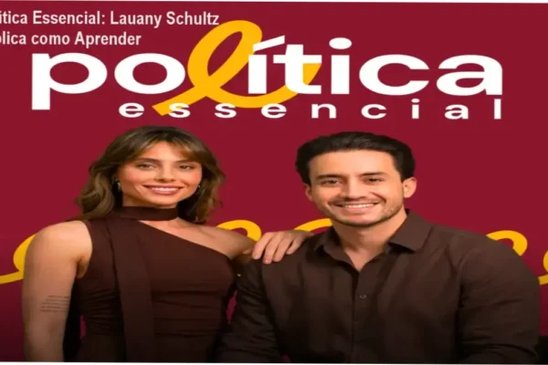 Interface de estudos do curso Política Essencial de Lauany Schultz e Matheus Oliveira revelando bastidores e metodologia multidisciplinar