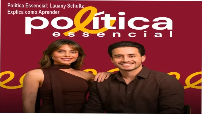Interface de estudos do curso Política Essencial de Lauany Schultz e Matheus Oliveira revelando bastidores e metodologia multidisciplinar