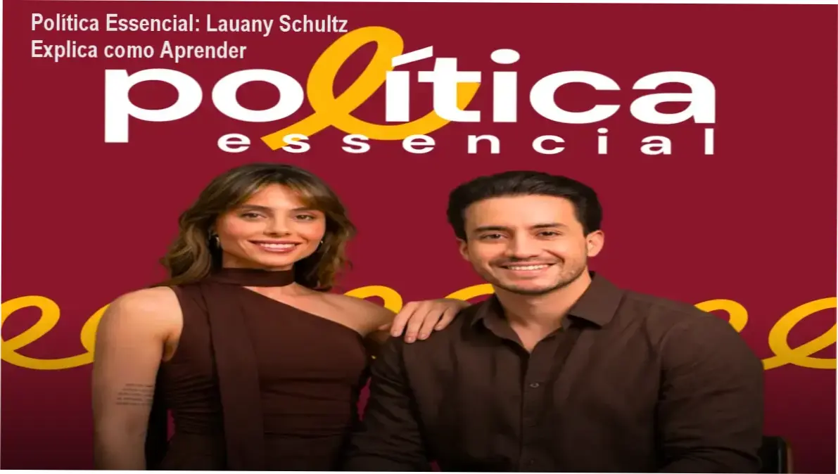 Interface de estudos do curso Política Essencial de Lauany Schultz e Matheus Oliveira revelando bastidores e metodologia multidisciplinar