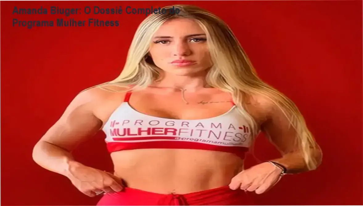 Interface do aplicativo e bastidores do Programa Mulher Fitness de Amanda Biuger mostrando treinos e planos alimentares