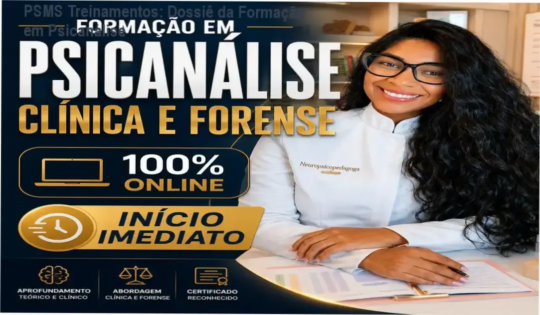 Interface da plataforma de cursos da PSMS Treinamentos exibindo a formação em psicanálise clínica e forense