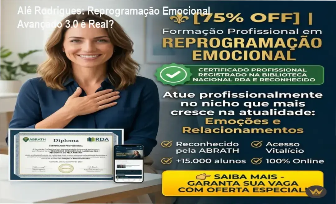 Interface de aprendizado do curso Reprogramação Emocional Avançado 3.0 de Alê Rodrigues revelando o método de ensino