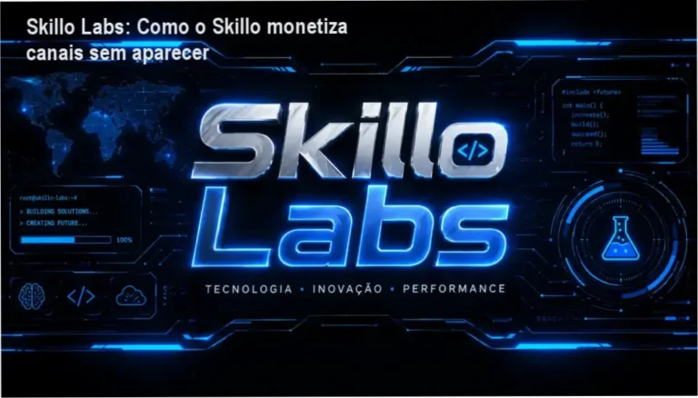 Bastidores da estratégia de canais dark do Skillo Labs mostrando interface de automação e IA