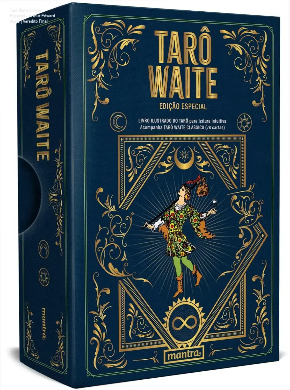 Kit Tarô Waite Edição Especial aberto mostrando as 78 cartas recolorizadas de Pamela Colman Smith e o livro guia de 240 páginas para leitura intuitiva