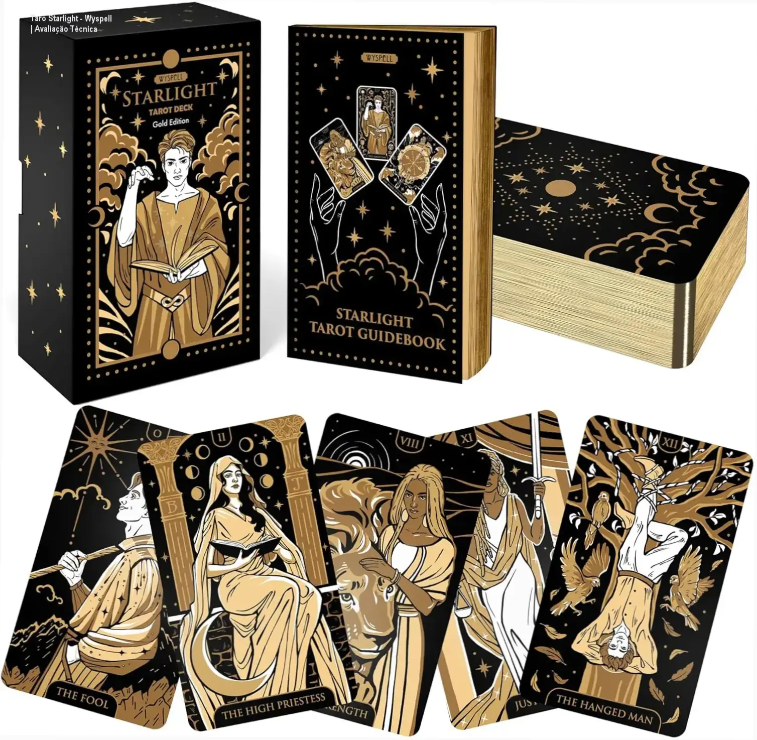 Baralho Tarô Starlight da Wyspell aberto mostrando cartas com foil dourado e livro guia de 200 páginas sobre mesa