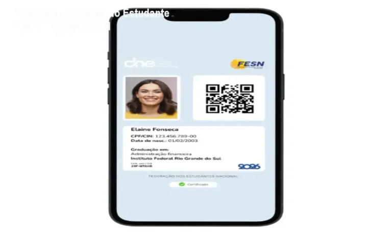 Smartphone exibindo a Carteirinha Nacional do Estudante Digital para acesso a meia-entrada
