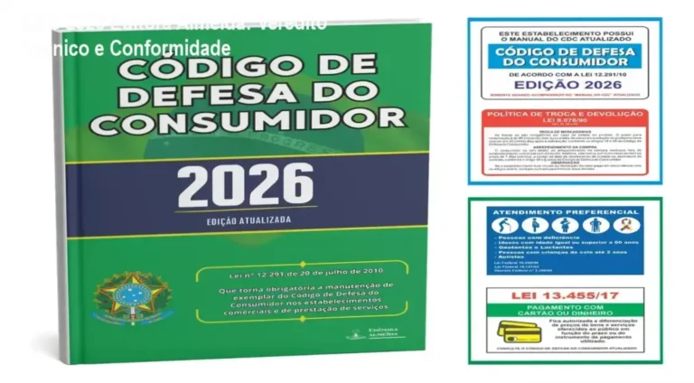 Exemplar do Código de Defesa do Consumidor 2026 da Editora Almeida com placas adesivas de sinalização