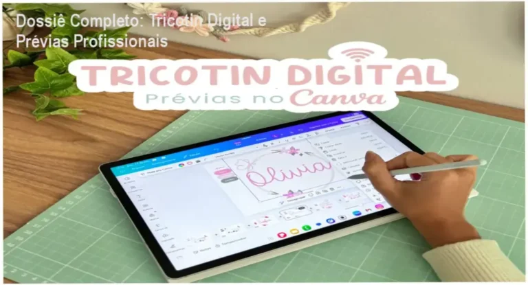 Interface do curso Tricotin Digital mostrando a criação de prévias profissionais no Canva para artesãs