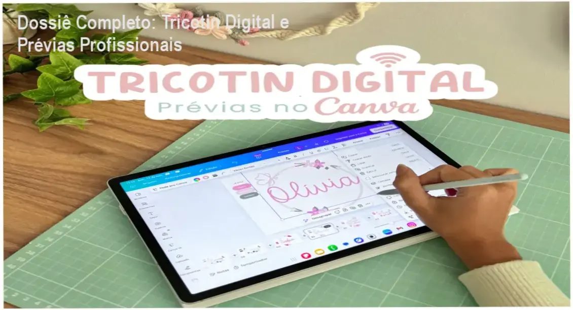 Interface do curso Tricotin Digital mostrando a criação de prévias profissionais no Canva para artesãs