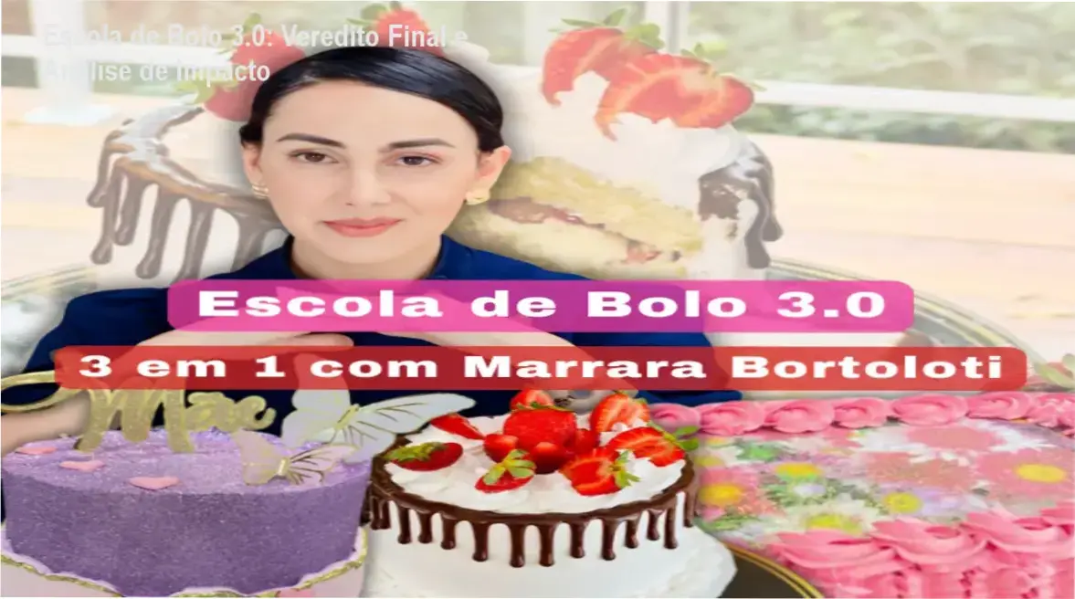 Painel do curso Escola de Bolo 3.0 com exemplos de bolos profissionais e mini tortas lucrativas