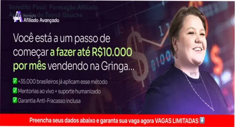 Interface do treinamento Formação Afiliado Avançado focado em vendas no mercado americano