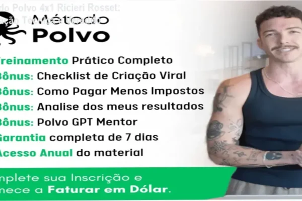 Interface do treinamento Método Polvo 4x1 de Ricieri Rosset focado em ganhos em dólar via celular