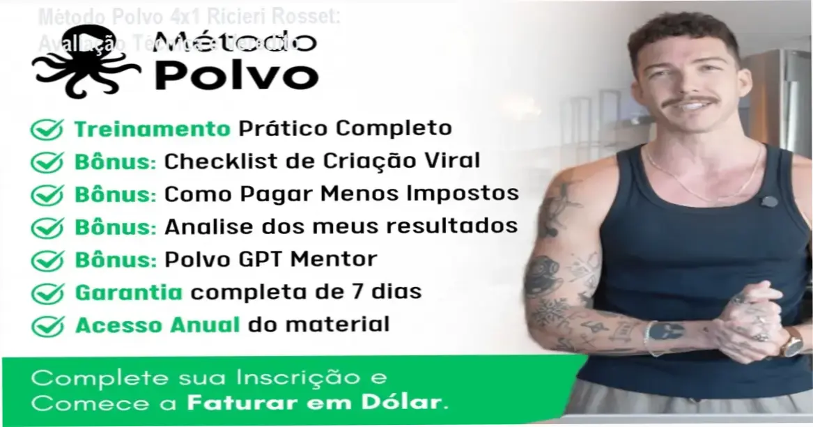 Interface do treinamento Método Polvo 4x1 de Ricieri Rosset focado em ganhos em dólar via celular