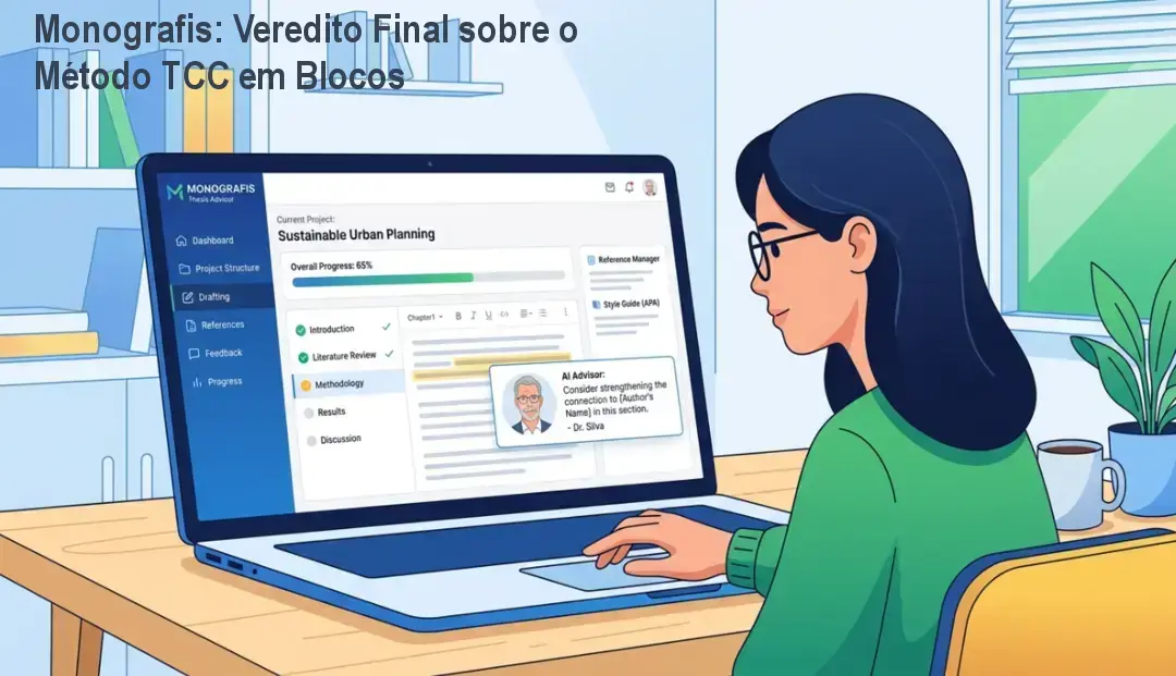 Interface da plataforma Monografis demonstrando a estruturação de TCC com IA e normas ABNT