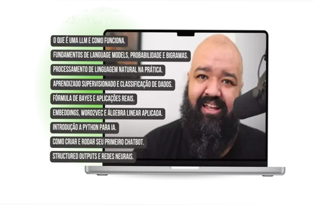 Interface da formação O Senhor das LLMs de Caio Gomes focada em construção de soluções de IA