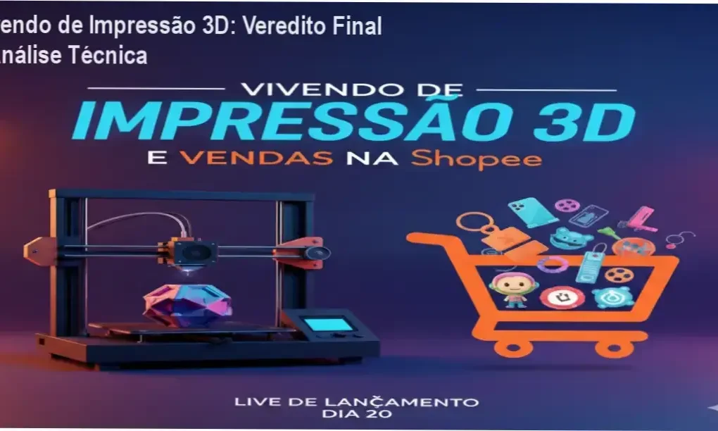 Impressora 3D produzindo peças comerciais ao lado de interface de vendas da Shopee