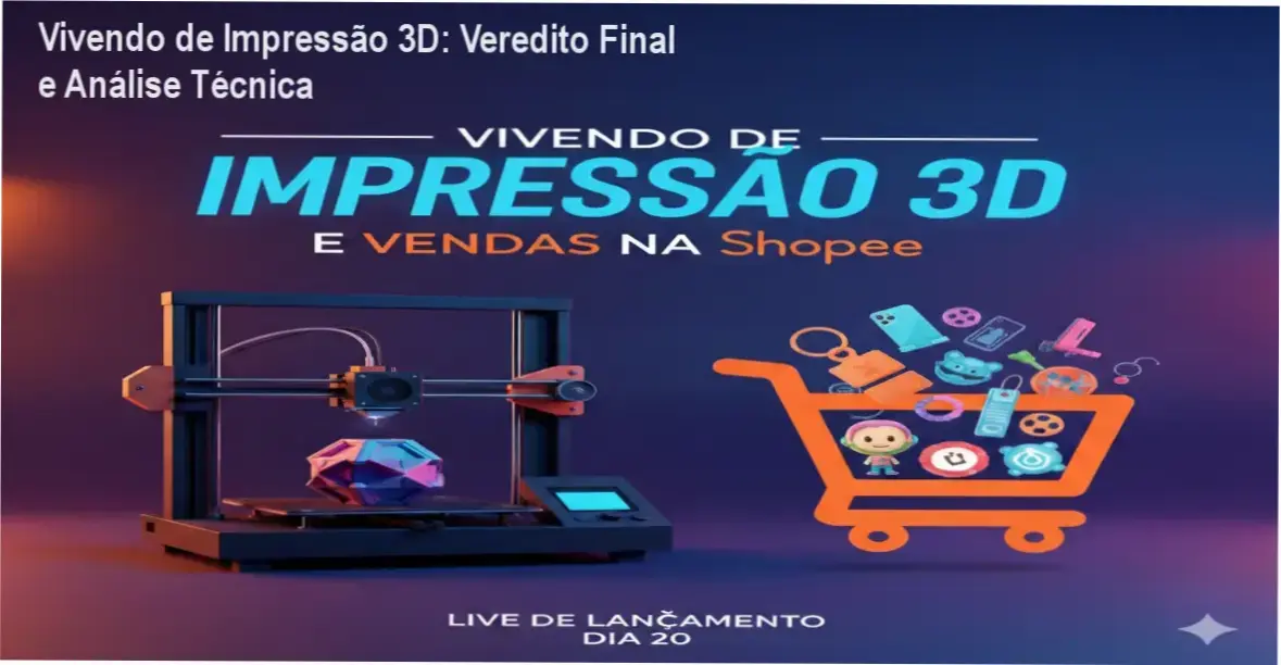 Impressora 3D produzindo peças comerciais ao lado de interface de vendas da Shopee