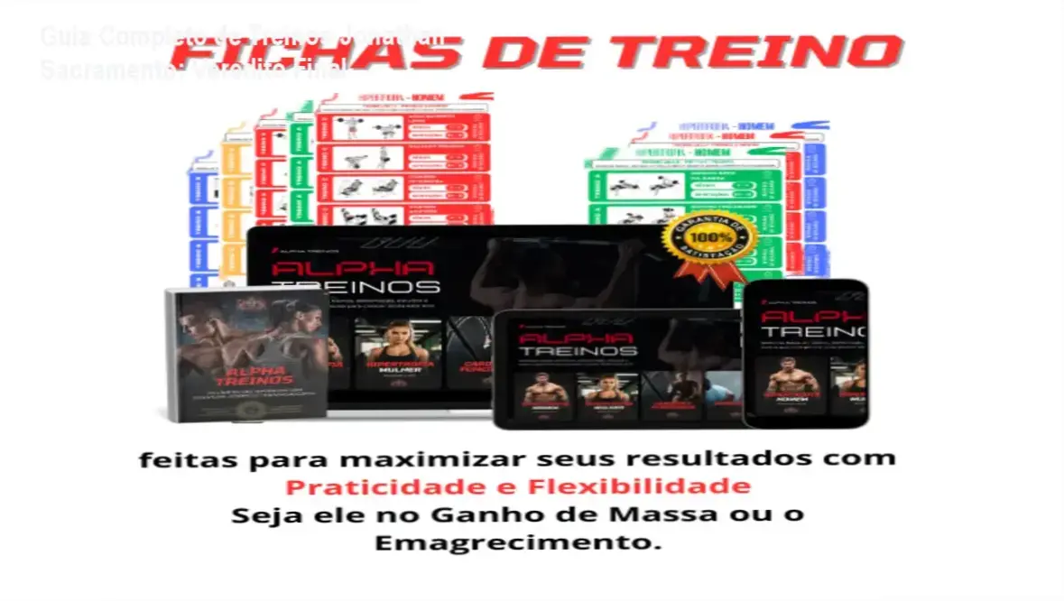 Interface do Guia Completo de Treinos de Jonathan Sacramento exibindo a metodologia de GIFs e vídeos
