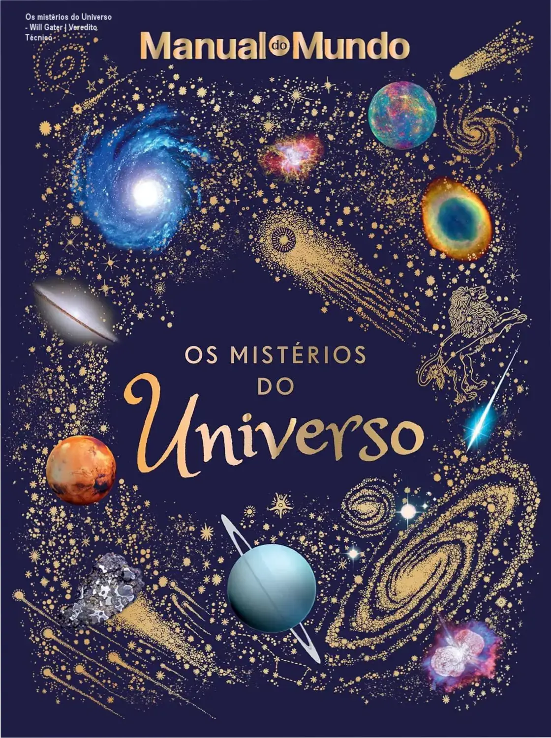 Capa do livro Os mistérios do Universo de Will Gater com ilustrações astronômicas